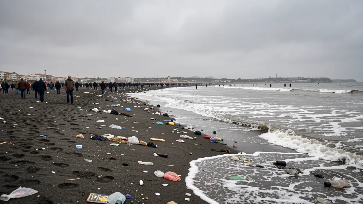 Playa contaminada en Andalucía con basura visible y agua turbia.