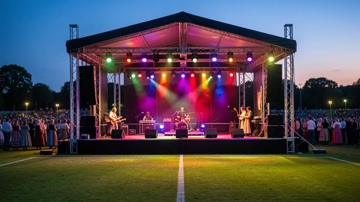 Folklore festival stage in a football field at sunset.