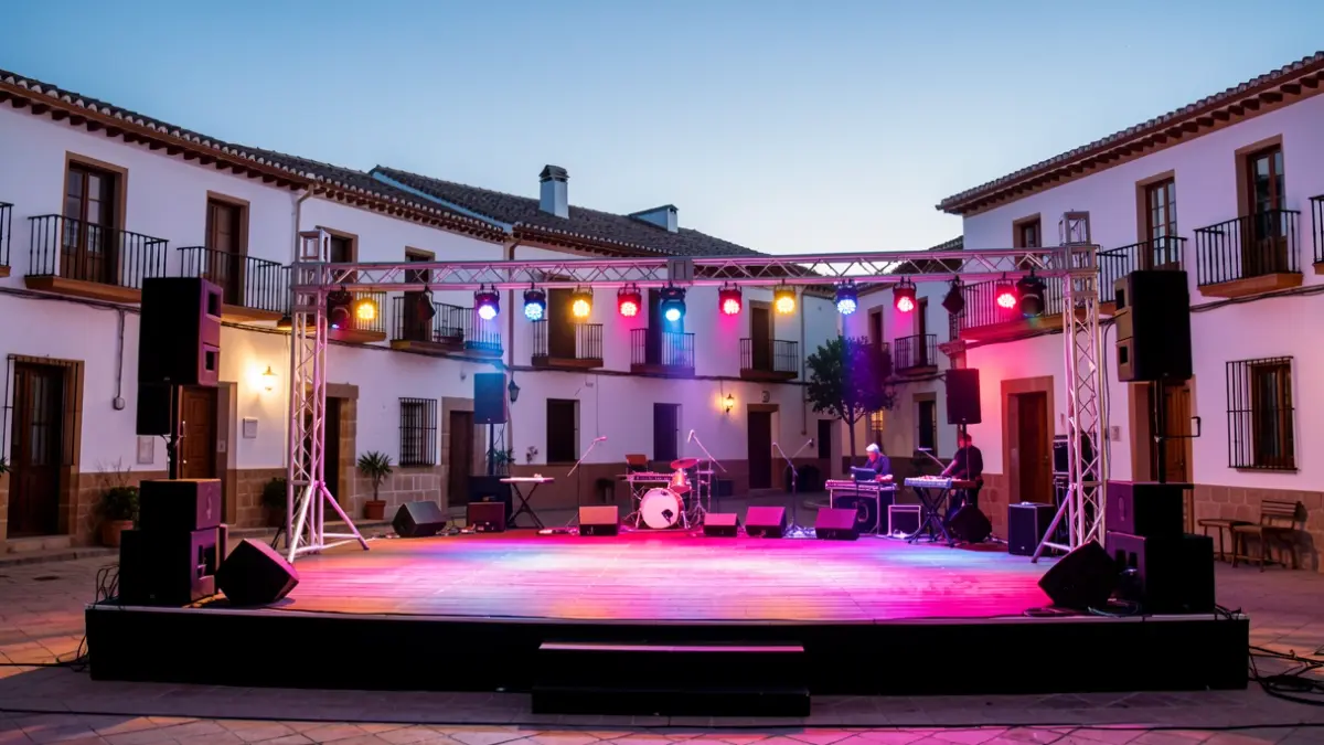 Generic scene of an outdoor stage in an Andalusian town square at dusk.