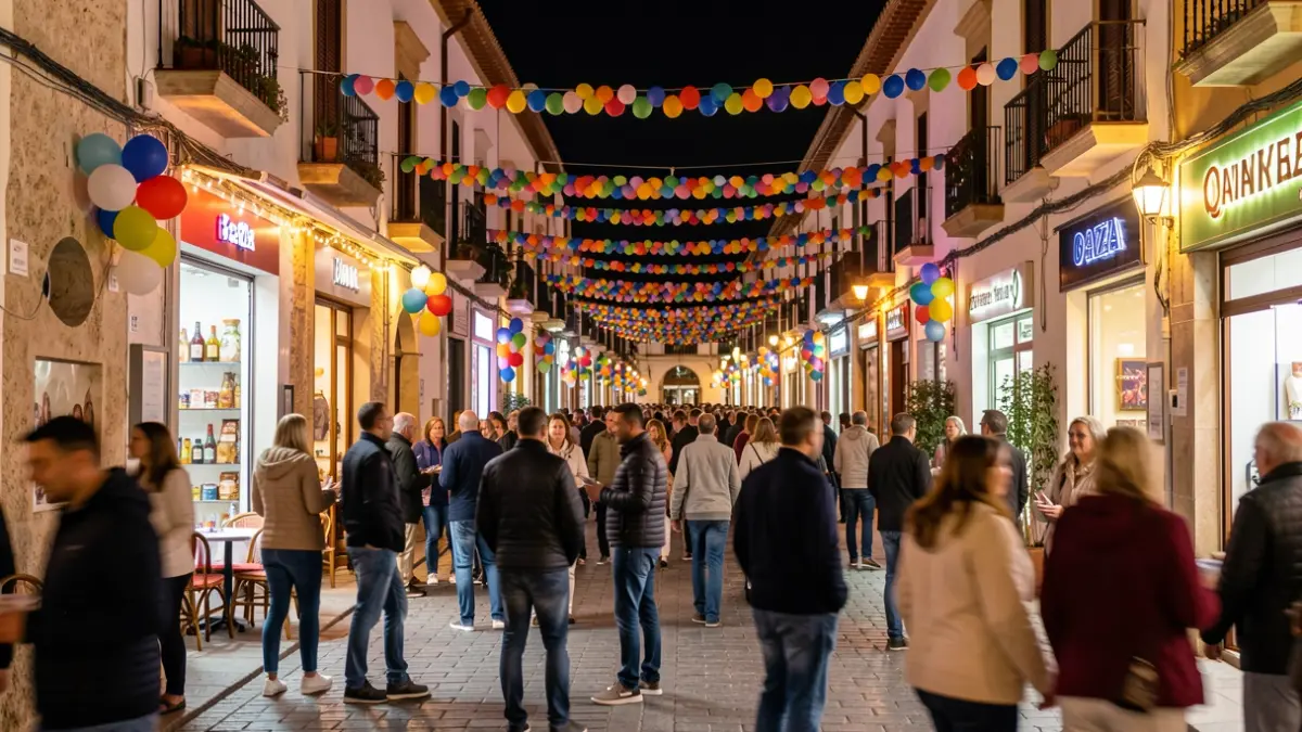 Generic image of a festive night in an Andalusian city with decorations and a celebratory atmosphere.