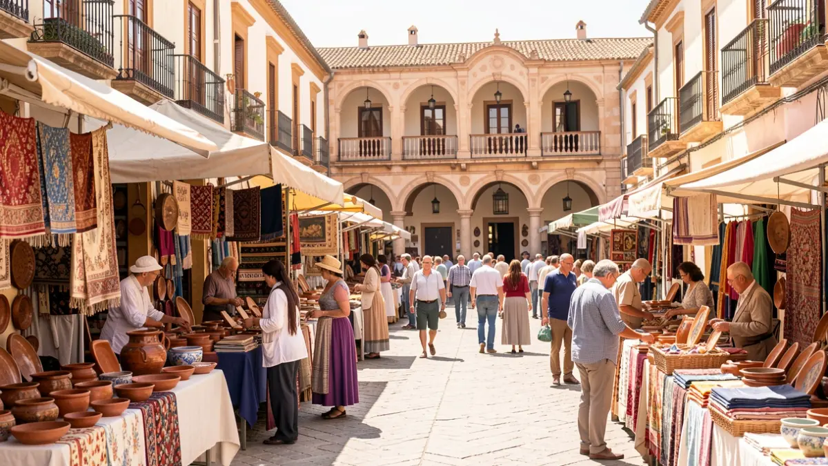 Imagen genérica de un mercado íbero en una plaza andaluza con artesanos y edificios históricos.