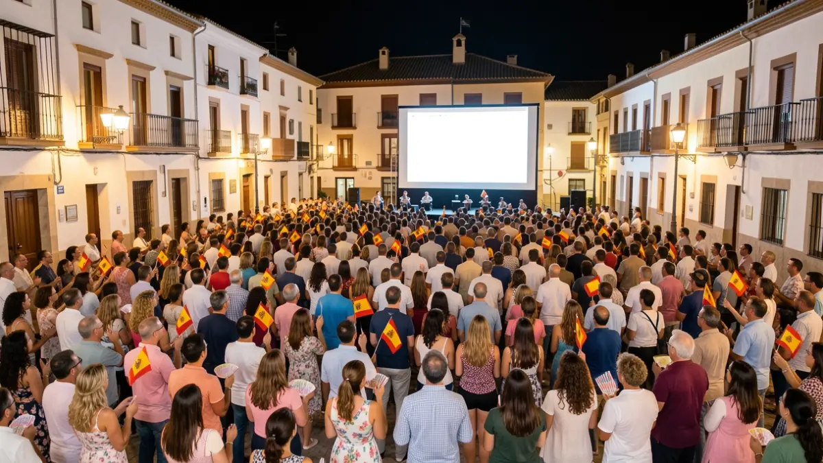 Generic image of a crowd celebrating a sporting event in a town square in Andalusia at night.