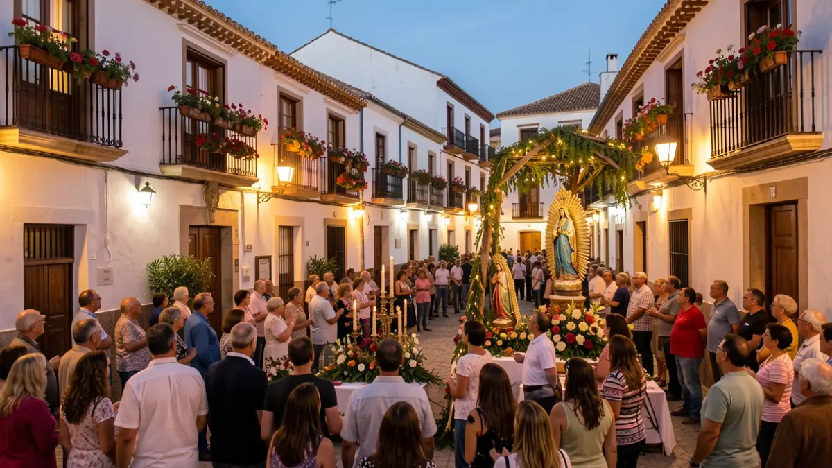 Plaza del barrio de San Juan en Baza durante las fiestas de la Virgen del Carmen, con altar y ambiente festivo.