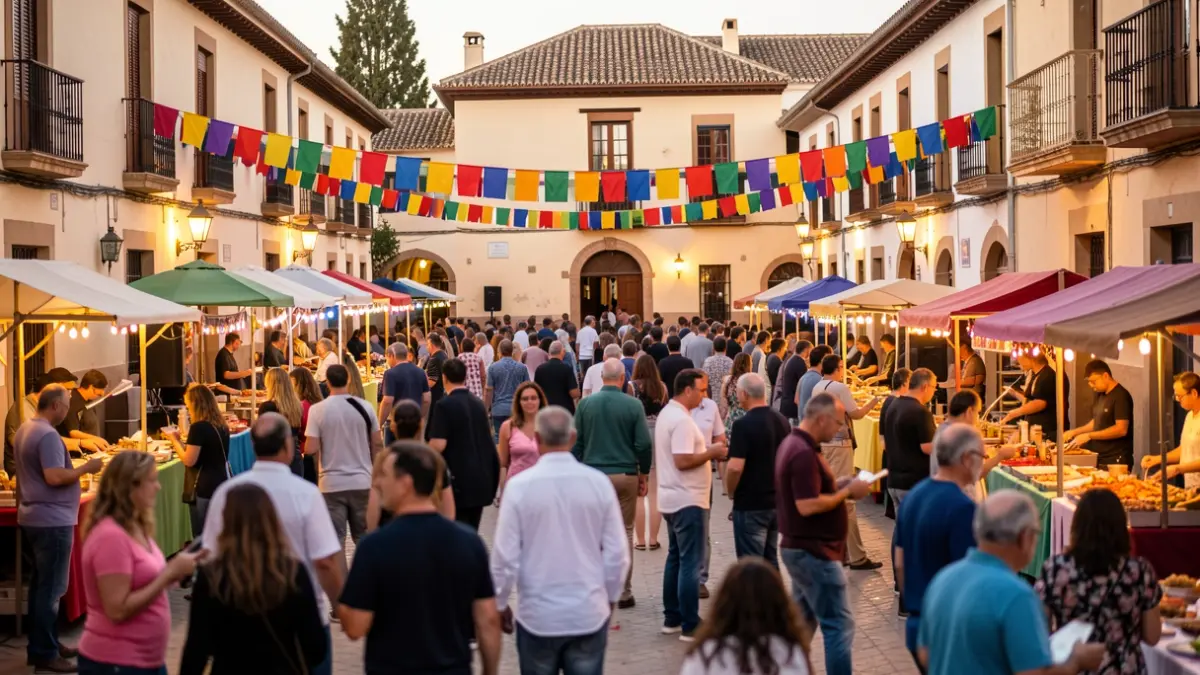 Imagen genérica de una plaza de pueblo andaluz celebrando fiestas populares con ambiente festivo.