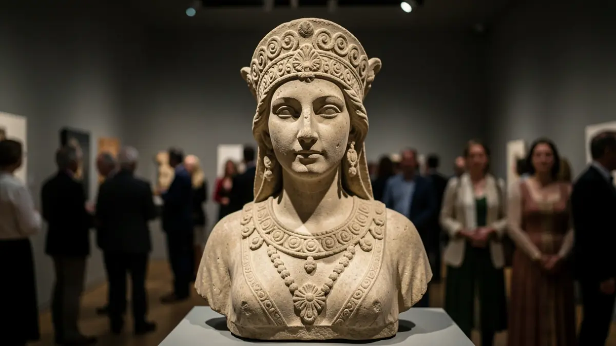 Iberian sculpture of the Lady of Baza on display in a museum.