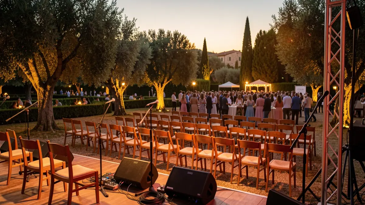 Outdoor stage in a park during sunset, prepared for a music festival.
