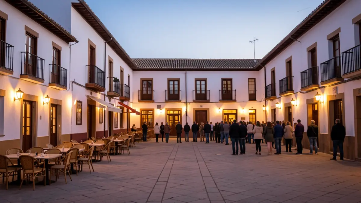 Plaza de un pueblo andaluz al atardecer con mesas y sillas vacías en las terrazas.