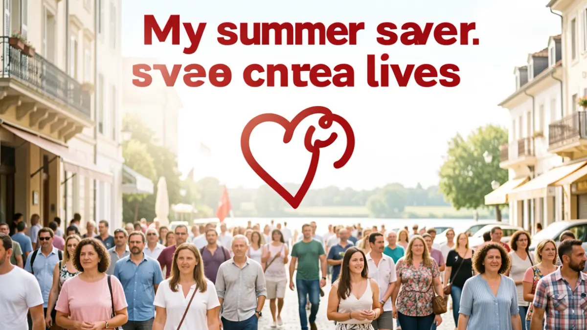 Generic blood donation campaign poster with a heart symbol and a summer slogan.