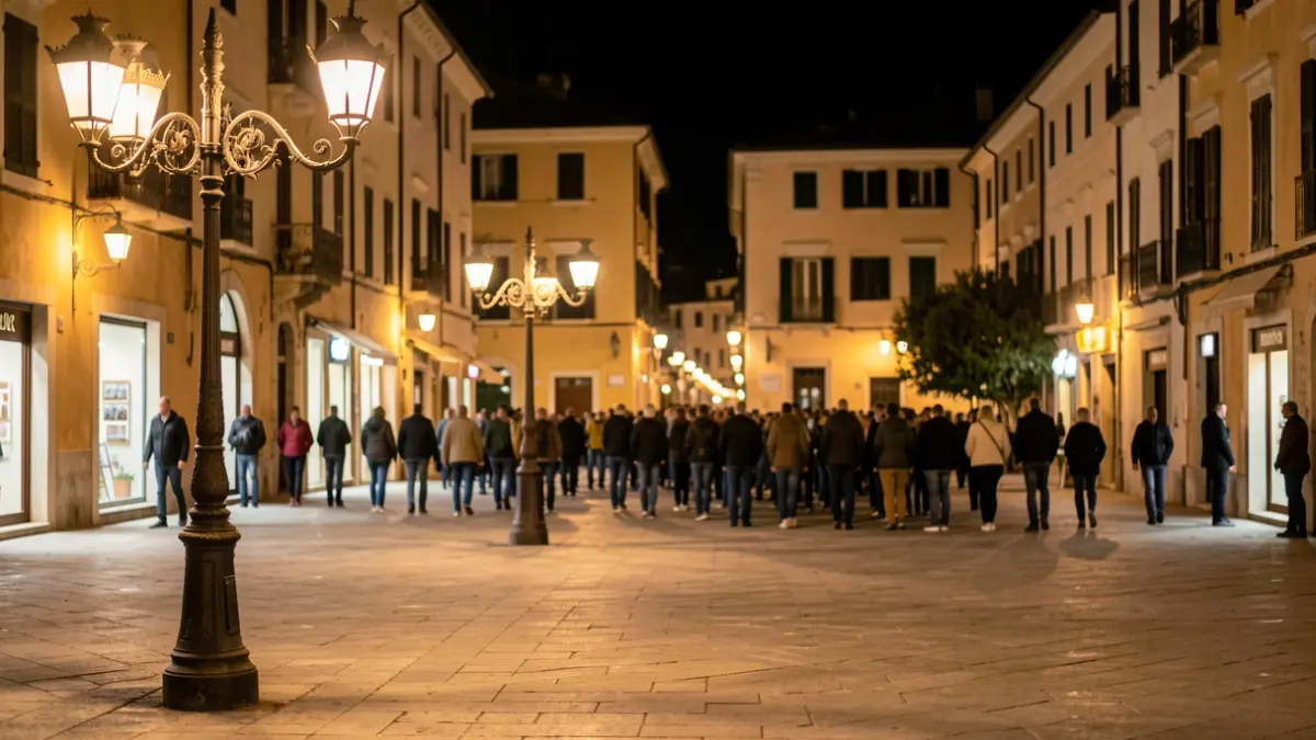 Generic image of an urban square at night with warm lighting.