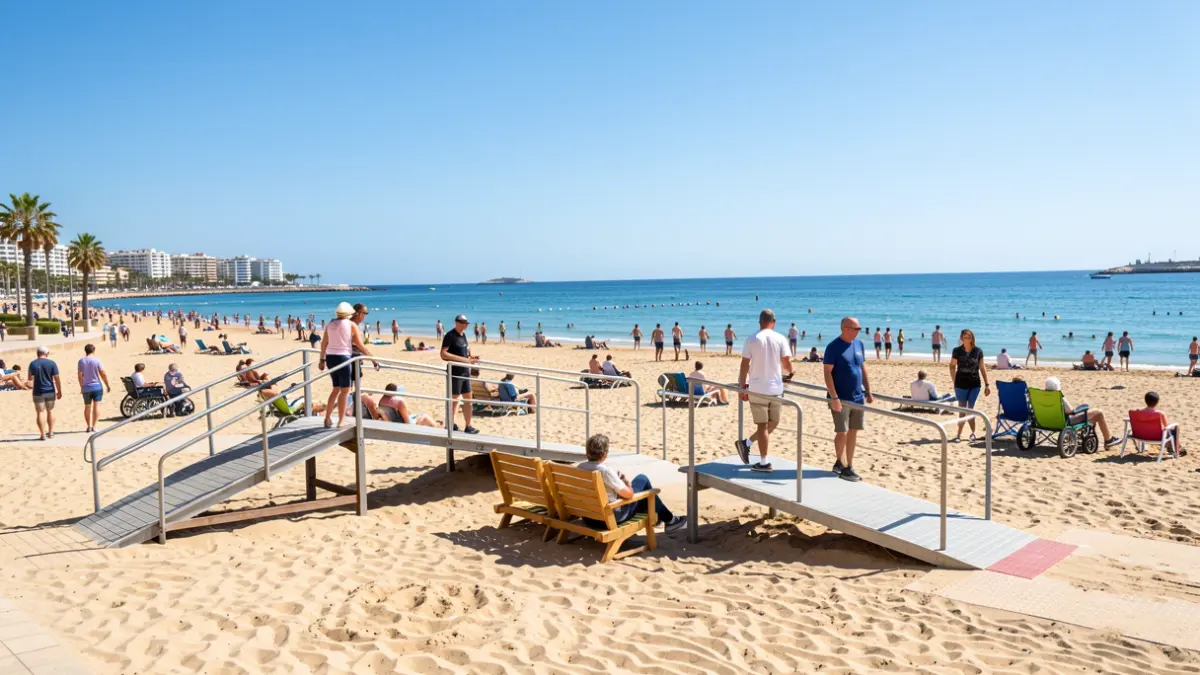 Generic image of an adapted beach in Benalmádena with ramps and lifeguard staff.