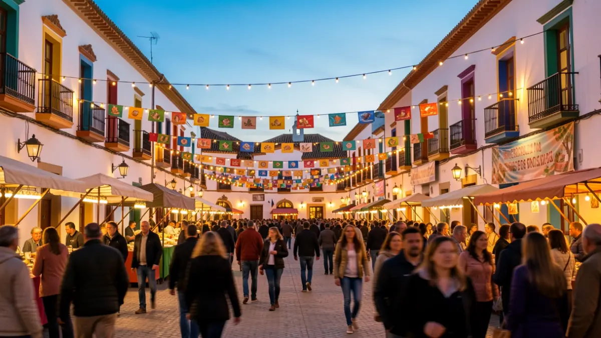 Imagen genérica de una plaza de pueblo andaluz decorada para una feria.