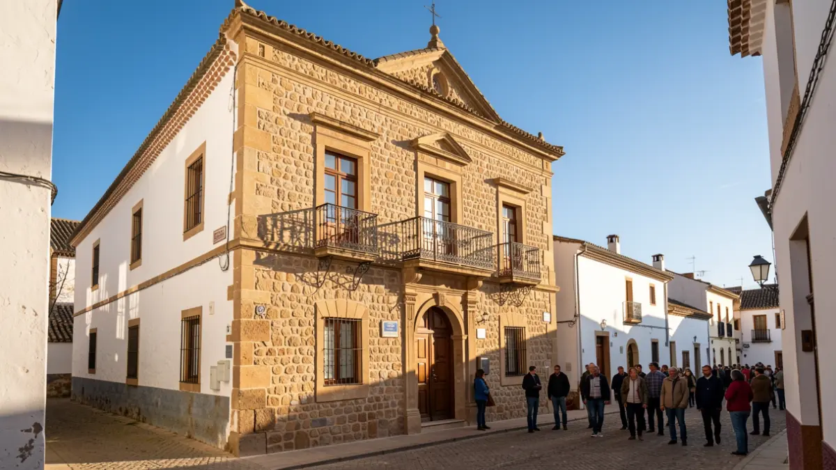 Fachada de un ayuntamiento andaluz de piedra blanca con balcón de hierro forjado, luz de tarde.