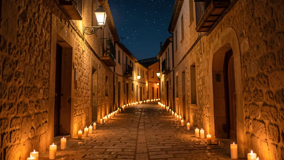 Calle medieval de Benaocaz iluminada por miles de velas.