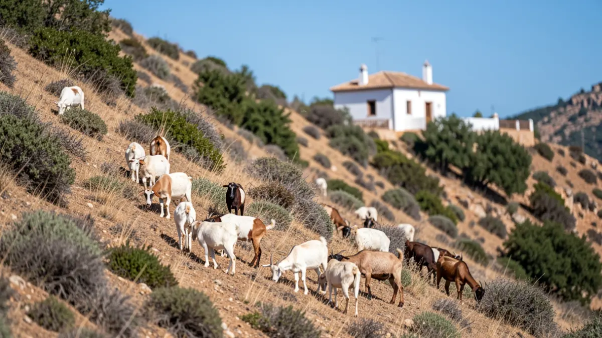 Herd of goats grazing on a public mountain slope in Andalusia.