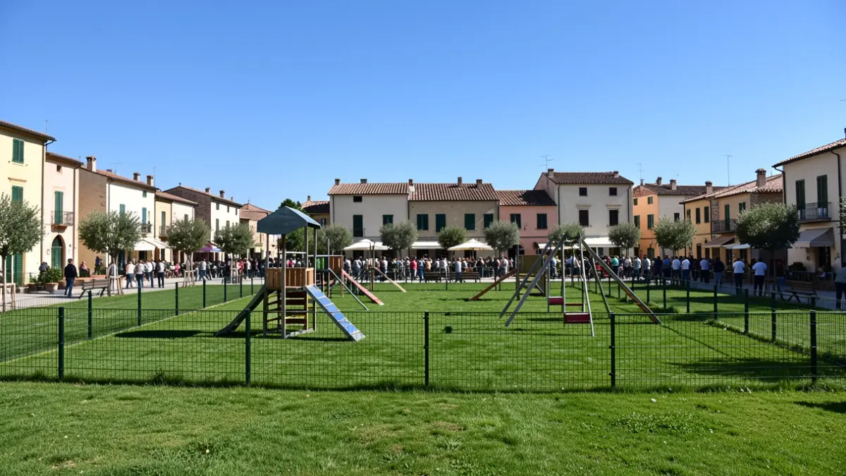 Generic image of a dog park with agility equipment in a sunny setting.