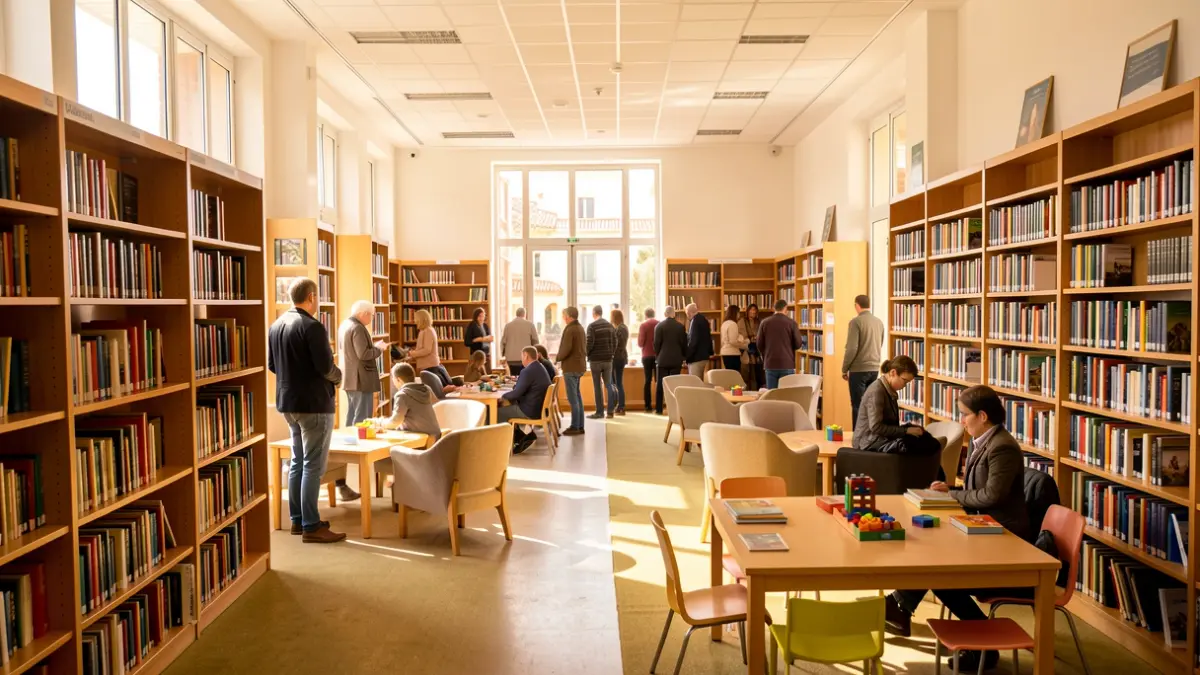 Generic image of the interior of a municipal library in Andalucía with natural light.