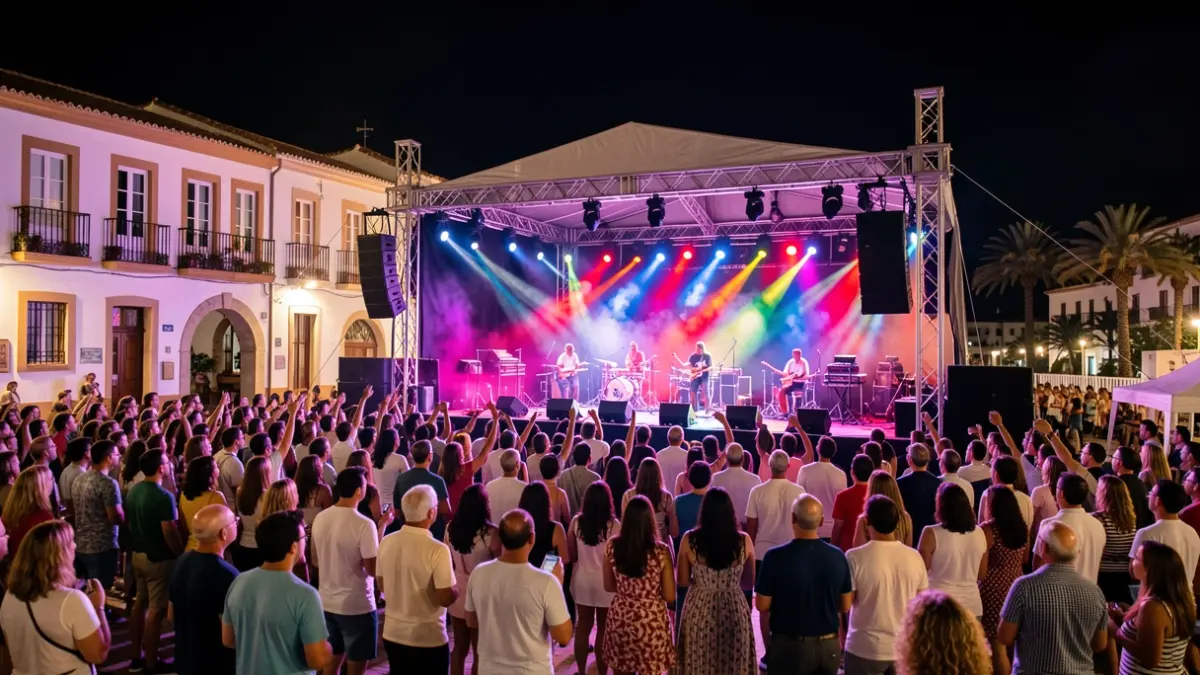 Outdoor concert stage at night during the Colombinas festival in Huelva, with lights and crowd.