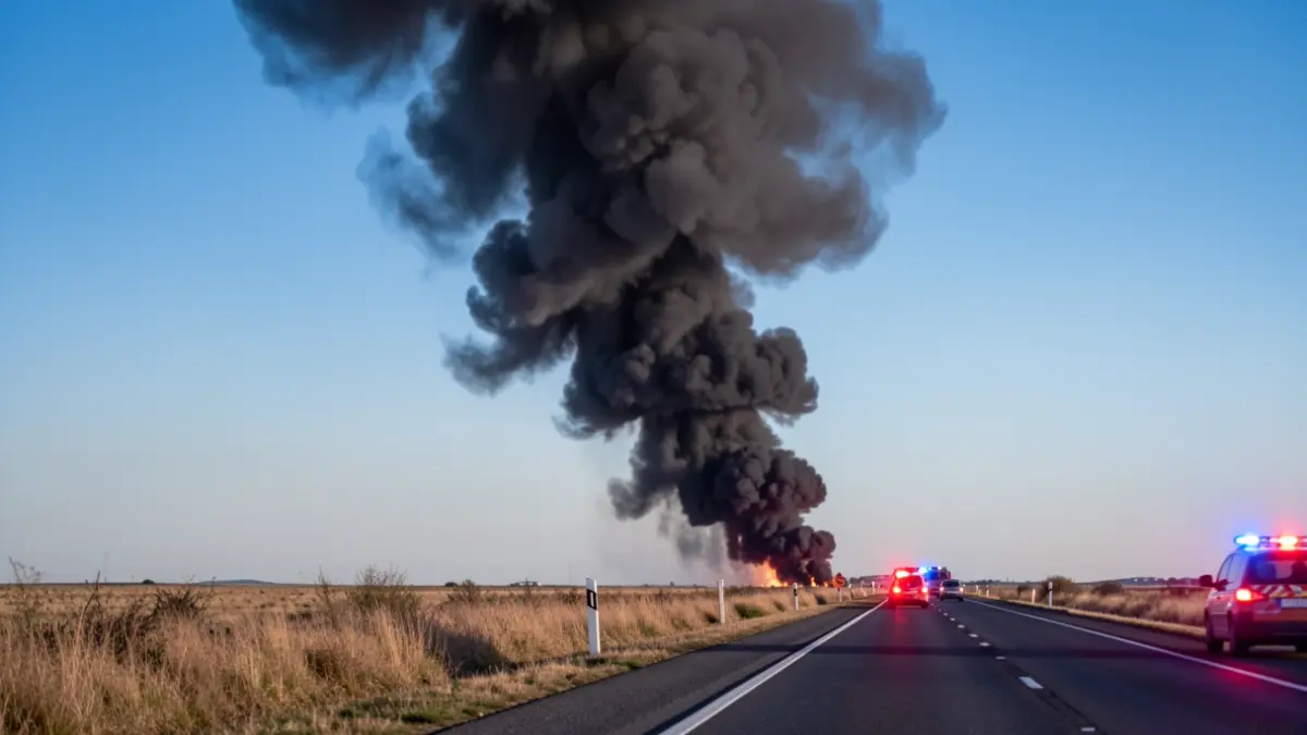 Generic image of a black smoke column rising over a dry landscape with a road and emergency lights.