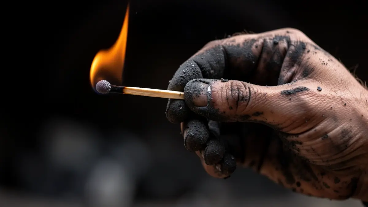 A sooty hand holds an unlit matchstick, representing the start of a fire before flames appear.