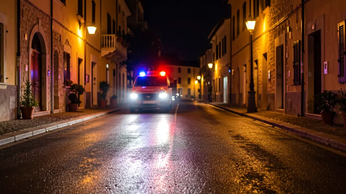 Generic image of emergency lights reflecting on asphalt at night.