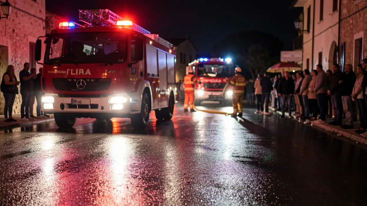 Generic image of emergency lights from a fire truck reflected on asphalt.
