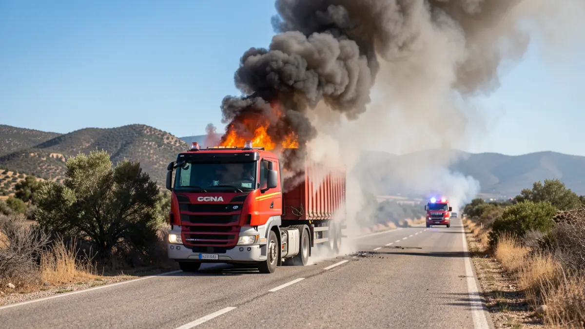 Camión en llamas en una carretera de la Sierra de Córdoba con humo visible.