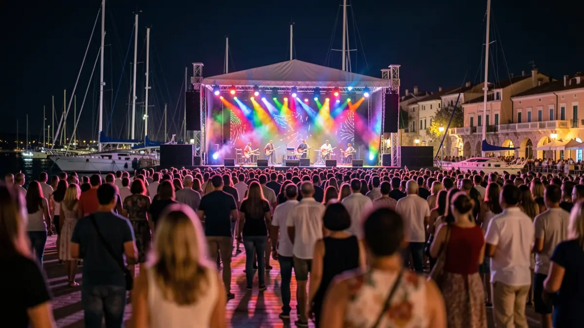 Night music festival scene in a port with stage lights and audience.