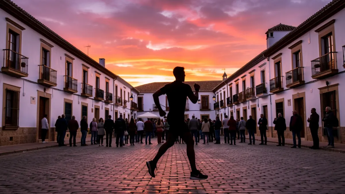 Silueta de un corredor al atardecer en la Plaza Mayor de Bujalance, con edificios blancos tradicionales y cielo anaranjado.