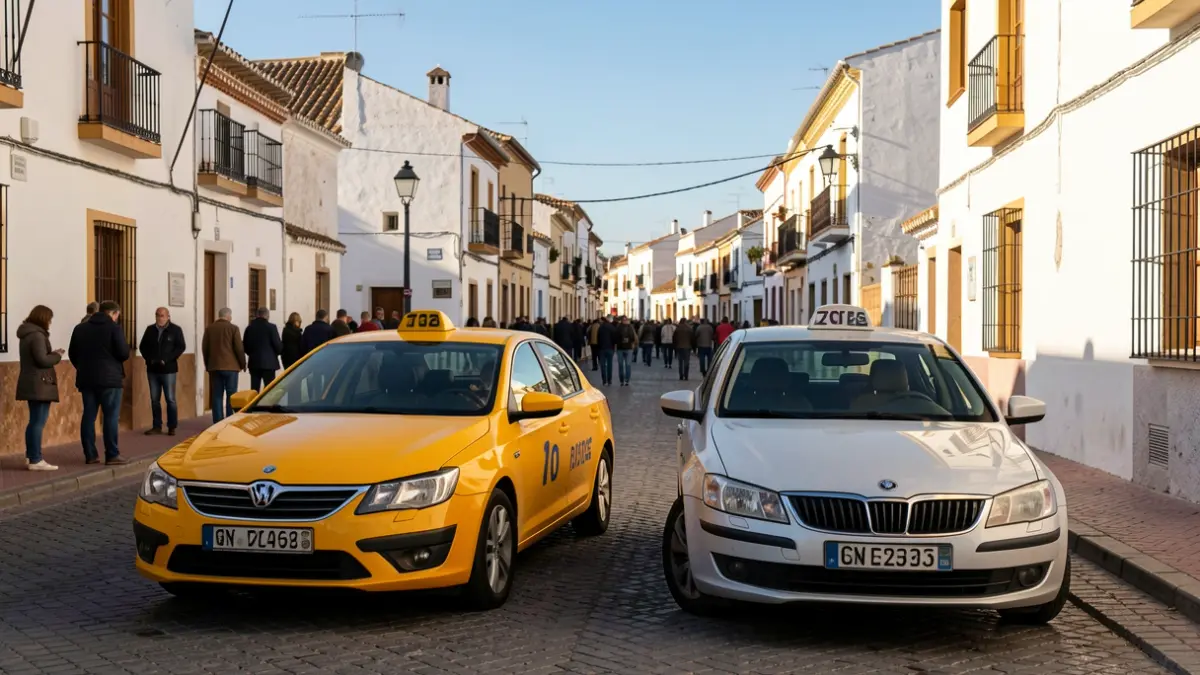 Generic image of a taxi and a Cabify car on a street in Andalusia.