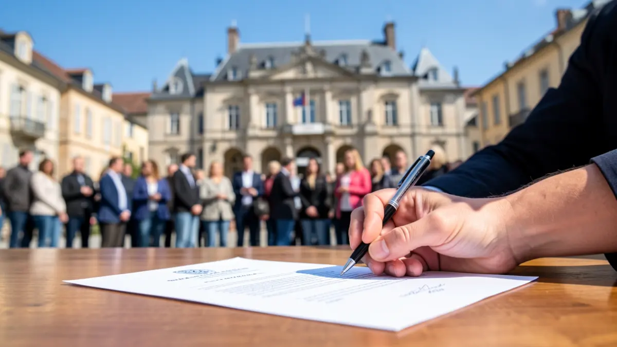 Generic image of a hand signing an official document in a town hall.