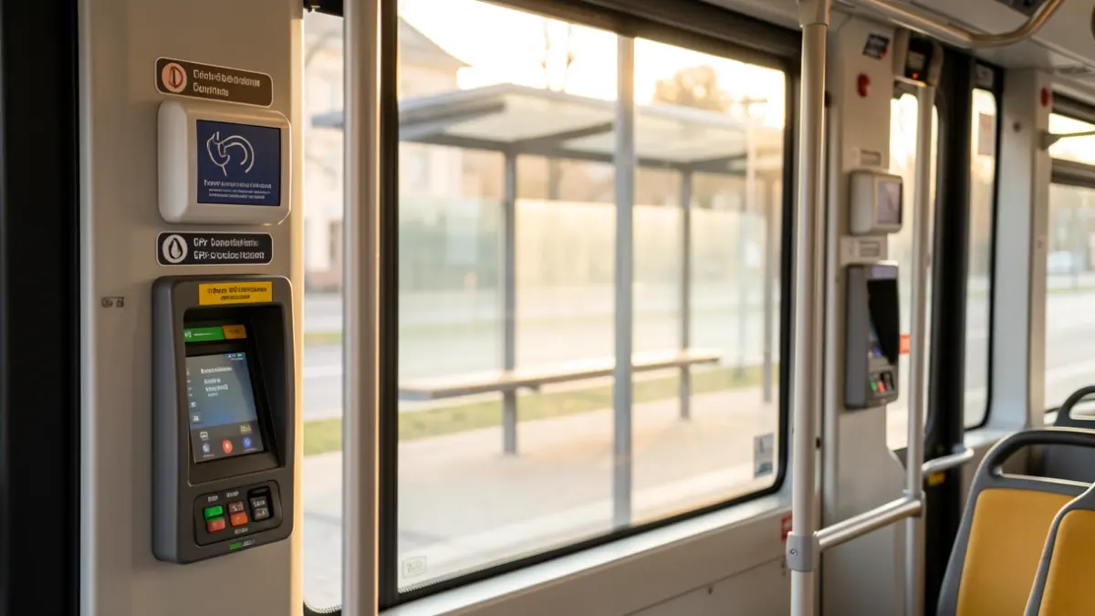 Interior of a modern city bus with ticket validation machines and a view of a bus stop.