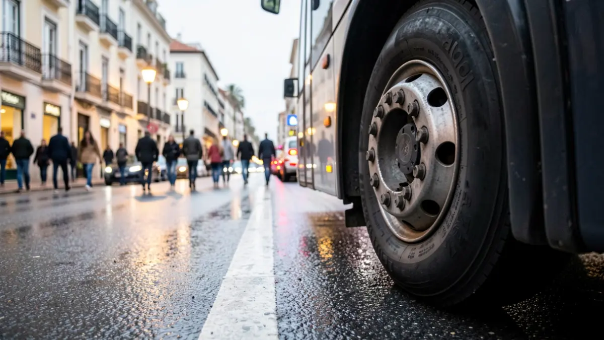 Primer plano de la rueda de un autobús urbano en una calle mojada de Cádiz con luces de ciudad borrosas al fondo.