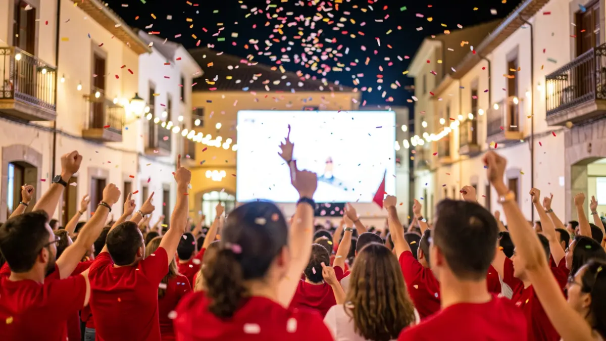 Imagen genérica de una celebración nocturna en una plaza española con gente animando frente a una pantalla.