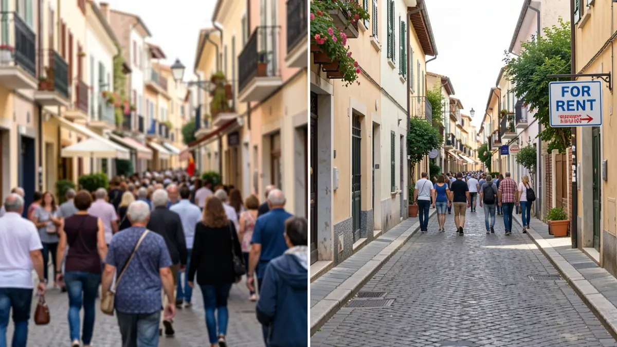 Image contrasting tourist pressure on residential streets in Cádiz with the proliferation of tourist apartments.