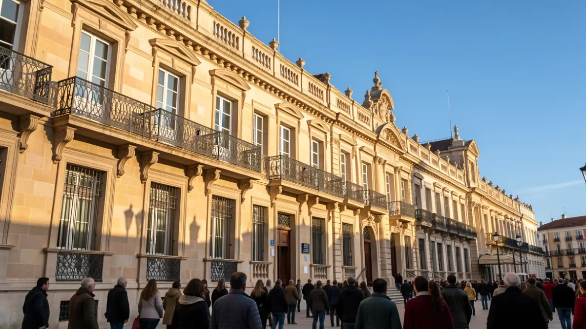 Fachada del Ayuntamiento de Cádiz con balcones ornamentados y barandillas de hierro, luz cálida de la tarde proyectando sombras sobre las paredes de arenisca, cielo azul.