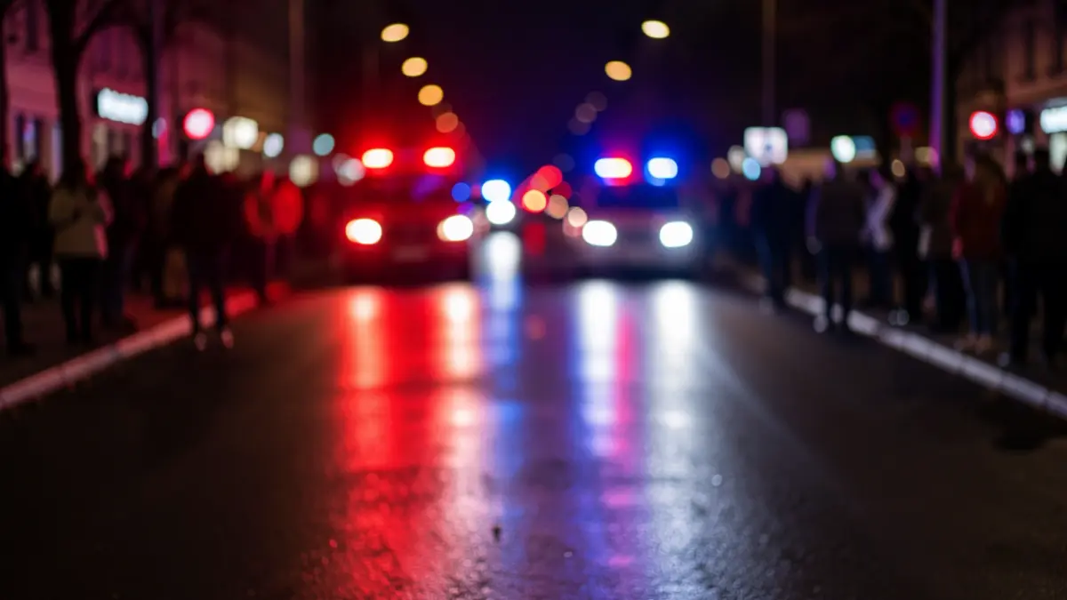 Generic image of red and blue emergency lights reflecting on wet asphalt at night.