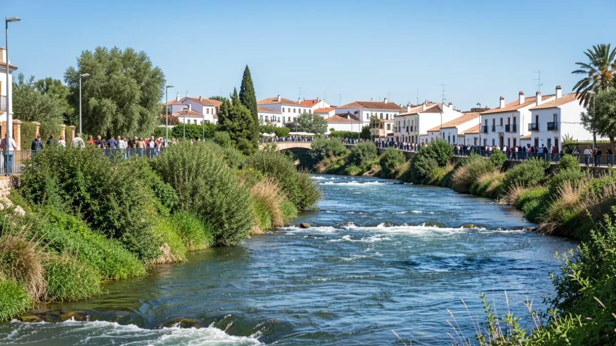 Generic image of an urban river in Andalusia with vegetation and white houses in the background.