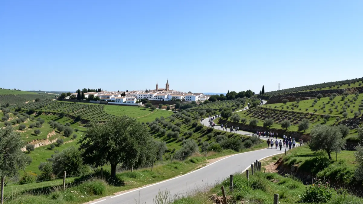 Imagen genérica de un paisaje andaluz con colinas verdes y un pueblo al fondo.