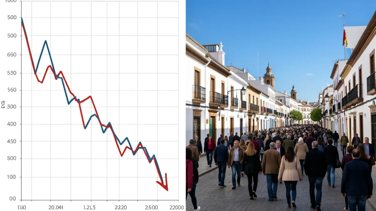 Downward trending graph next to a generic view of an Andalusian city.