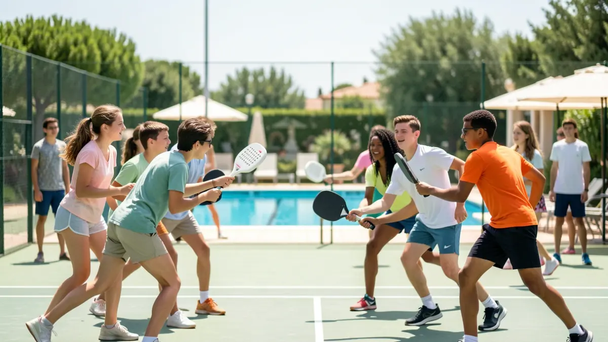 Jóvenes participando en un campamento de pádel y piscina en Hinojosa del Duque.