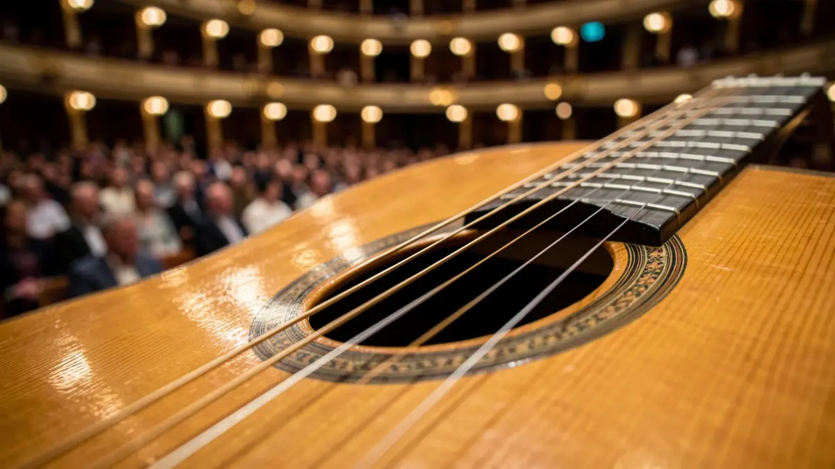 Close-up of a classical guitar's soundhole and strings.