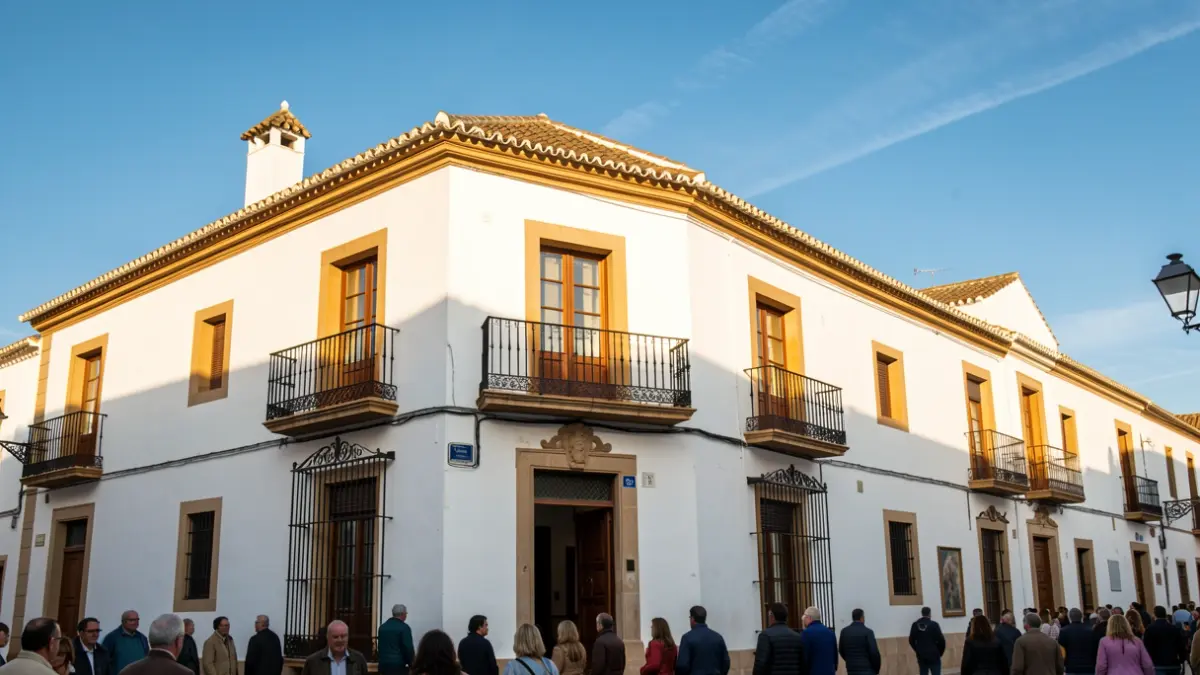 Fachada de un ayuntamiento andaluz blanco con balcón y barandillas de hierro, luz cálida de tarde.
