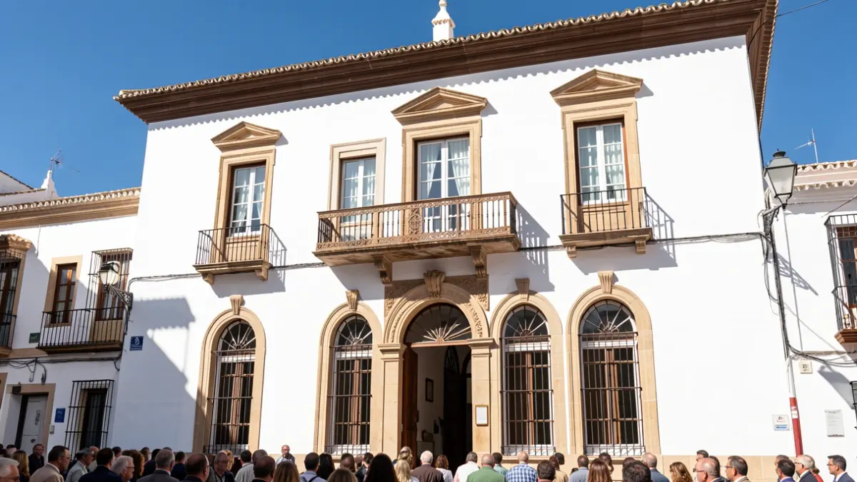 Facade of the Casares Town Hall with balcony and arched windows under the sun.