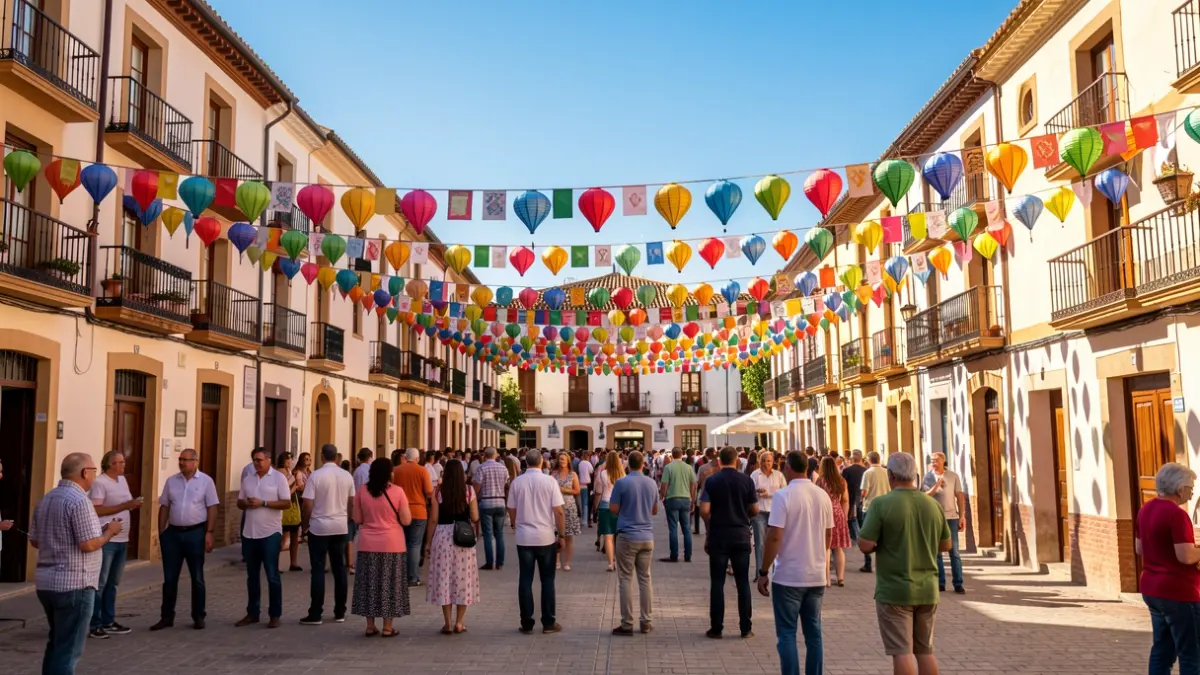 Generic image of a decorated Andalusian town square with lanterns and a festive atmosphere.
