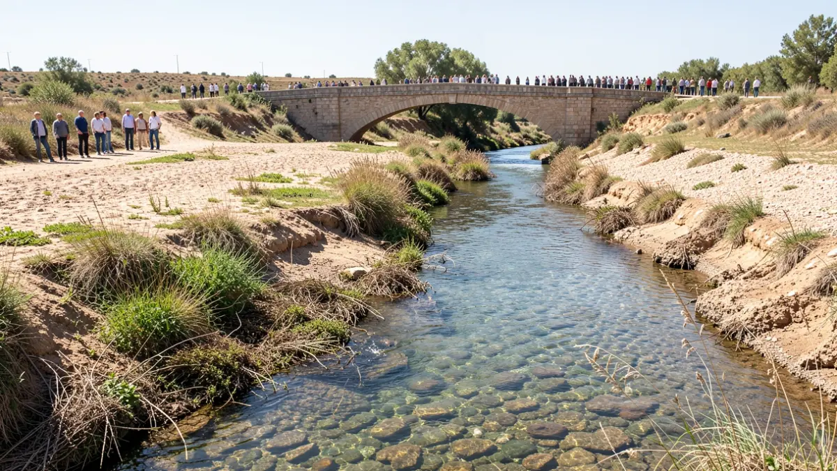 Cauce del río Guadiaro en Casares con trabajos de mejora y un puente al fondo.