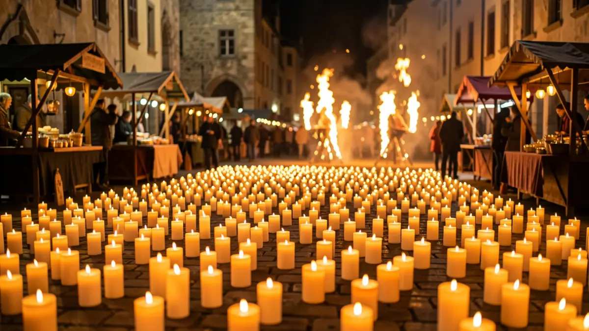 Generic image of thousands of candles illuminating a square at night.