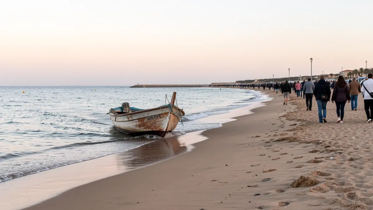 Image of a patera arriving at the coast of Almería at dawn.