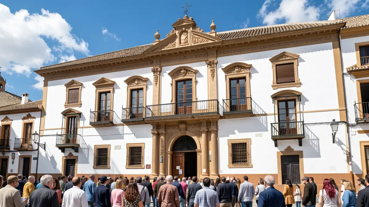 Facade of the Chiclana City Hall with ornate balconies and white walls under the sun.