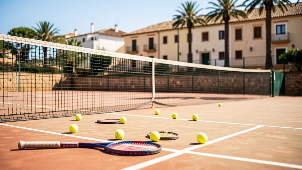 Tennis court with rackets and balls, evoking a traditional sports event.