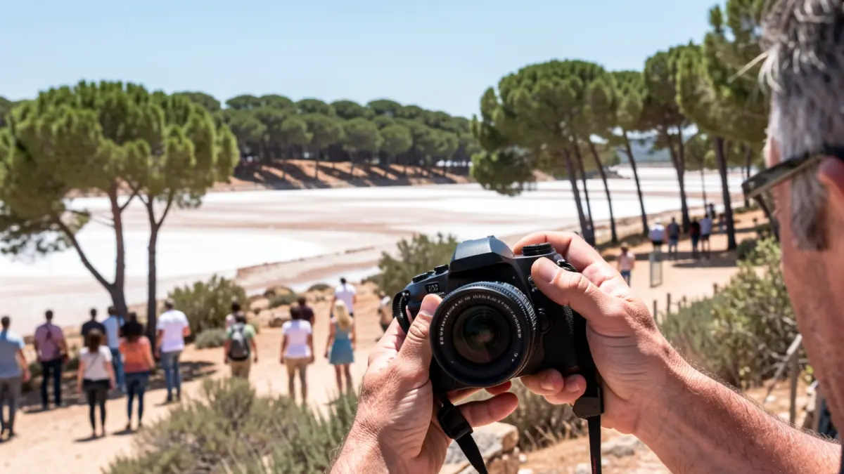 Manos de un fotógrafo sujetando una cámara, enfocando un paisaje natural con salinas y pinares al fondo, bajo un sol andaluz brillante.